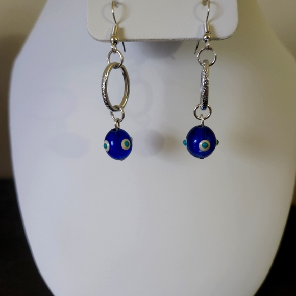 Evil Eye Silver Hoop Hook Earrings - Picture 2 of 4